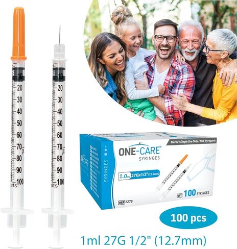 ONE-CARE Syringes 1ml/cc, 27G x 1/2"(12.7mm), Orange Cap, 100/bx in Kuwait
