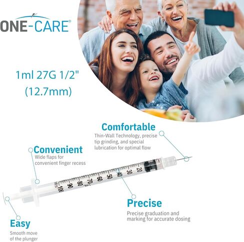 ONE-CARE Syringes 1ml/cc, 27G x 1/2"(12.7mm), Orange Cap, 100/bx in Kuwait