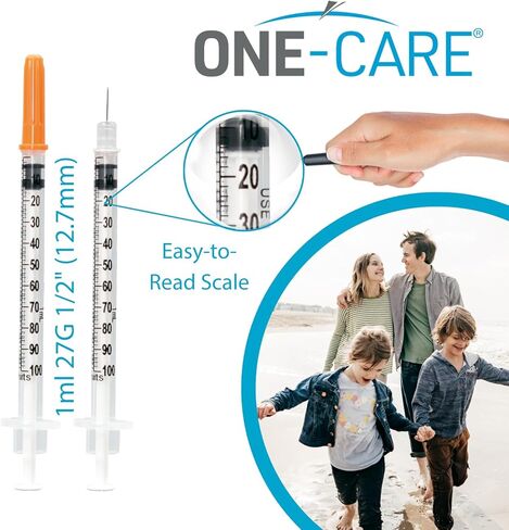 ONE-CARE Syringes 1ml/cc, 27G x 1/2"(12.7mm), Orange Cap, 100/bx in Kuwait