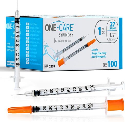 ONE-CARE Syringes 1ml/cc, 27G x 1/2"(12.7mm), Orange Cap, 100/bx in Kuwait