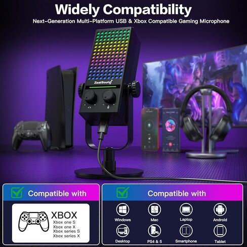 ميكروفون ألعاب ZealSound لأجهزة Xbox، وأجهزة الكمبيوتر الشخصية وأجهزة Mac، وميكروفون دفق لإلغاء الضوضاء مع كتم صوت بنقرة واحدة، وإضاءة RGB، ومراقبة، والتحكم في الكسب، وميكروفون مكثف لأجهزة iPhone، والكمبيوتر، والبودكاست، واللاعب، واليوتيوب in Saudi Arabia