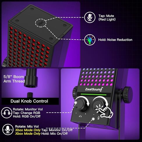 ميكروفون ألعاب ZealSound لأجهزة Xbox، وأجهزة الكمبيوتر الشخصية وأجهزة Mac، وميكروفون دفق لإلغاء الضوضاء مع كتم صوت بنقرة واحدة، وإضاءة RGB، ومراقبة، والتحكم في الكسب، وميكروفون مكثف لأجهزة iPhone، والكمبيوتر، والبودكاست، واللاعب، واليوتيوب in Saudi Arabia