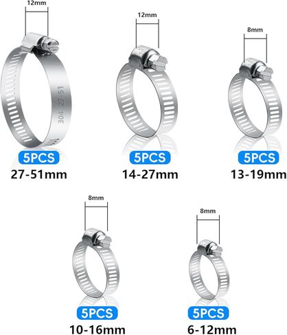 25 Pcs Adjustable Stainless Steel Hose Clamps Assortment, 1/4-2 in (6-51mm) Metal Pipe Clampss, Heavy Duty Automotive Worm Gear Hose Clamps for Plumbing Garden Home Washing Machine, etc in Saudi Arabia