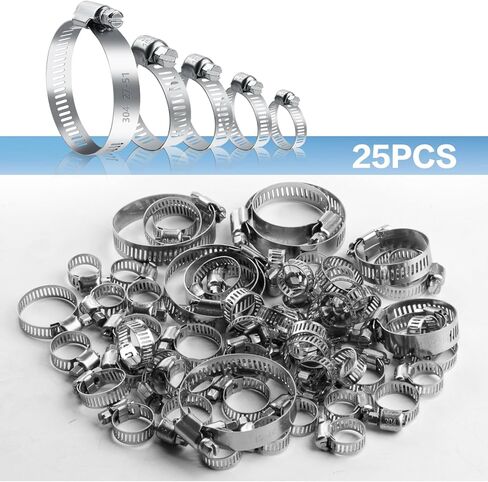 25 Pcs Adjustable Stainless Steel Hose Clamps Assortment, 1/4-2 in (6-51mm) Metal Pipe Clampss, Heavy Duty Automotive Worm Gear Hose Clamps for Plumbing Garden Home Washing Machine, etc in Saudi Arabia
