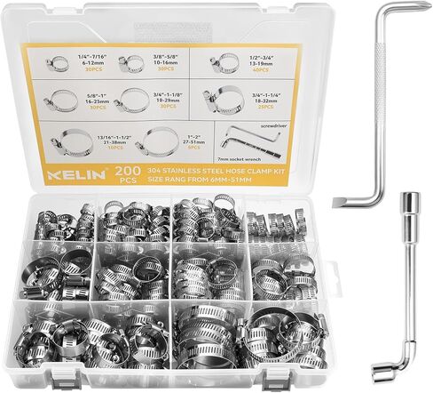 KELIN 202PCS 304 Stainless Steel Hose Clamp Kit, 8 Sizes from 1/4" to 2" (6-51mm) Adjustable Worm Gear Clamps with Socket Wrench & Screwdriver, Automotive Fuel Line Water Pipe Clamps Assortment Set in Kuwait