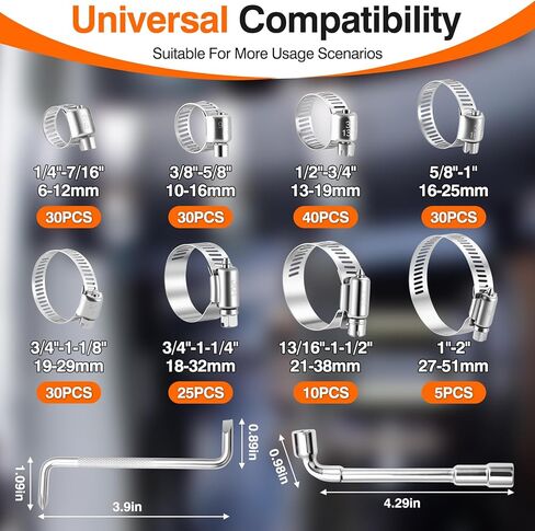 KELIN 202PCS 304 Stainless Steel Hose Clamp Kit, 8 Sizes from 1/4" to 2" (6-51mm) Adjustable Worm Gear Clamps with Socket Wrench & Screwdriver, Automotive Fuel Line Water Pipe Clamps Assortment Set in Kuwait