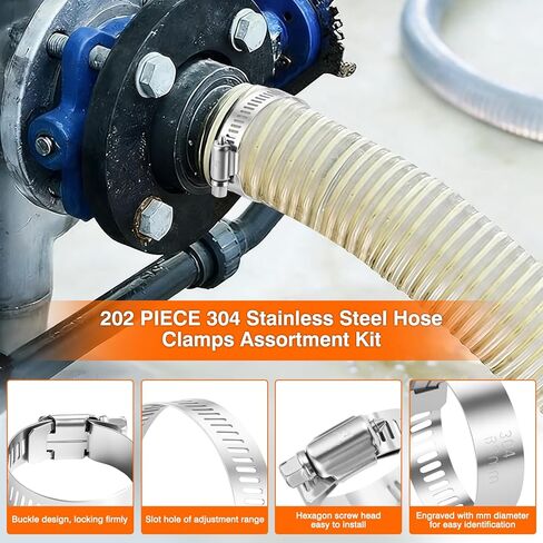 KELIN 202PCS 304 Stainless Steel Hose Clamp Kit, 8 Sizes from 1/4" to 2" (6-51mm) Adjustable Worm Gear Clamps with Socket Wrench & Screwdriver, Automotive Fuel Line Water Pipe Clamps Assortment Set in Kuwait