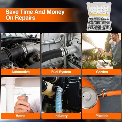 KELIN 202PCS 304 Stainless Steel Hose Clamp Kit, 8 Sizes from 1/4" to 2" (6-51mm) Adjustable Worm Gear Clamps with Socket Wrench & Screwdriver, Automotive Fuel Line Water Pipe Clamps Assortment Set in Kuwait