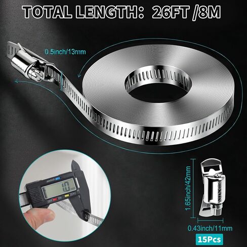 304 مشابك خرطوم من الفولاذ المقاوم للصدأ، مجموعة DIY بطول 26 قدمًا، حزام مشابك معدنية قابل للتعديل + 15 مشبك، مشابك خرطوم تروس دودة كبيرة، مشبك شريط لولبي لمشبك الأنابيب للسيارات، القناة، خط الوقود in Kuwait