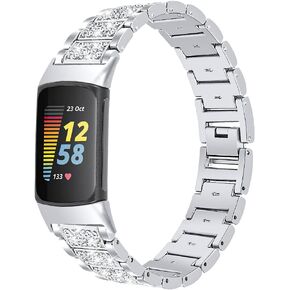 FitTurn Jewelry Bling Bands Compatible with Fitbit Charge 6/Charge 5 Band for Women Men, Replacement Diamond Rhinestone Bracelet Metal Strap with Adjustment Tool for Charge 6/Charge 5 Smartwatch