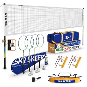 Professional Badminton Set with Winch System,Portable Badminton Net Includes Carbon Aluminum Badminton Rackets Set of 4,3 Shuttlecocks and Bag,Badminton Sets for Backyards,Beach (White)