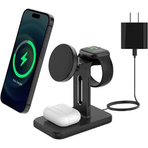 شاحن لاسلكي 3 في 1 محطة شحن سريعة للآيفون مع محول لـ 15،14،13،12 Pro/Max/Mini/Plus، iWatch 8/7/6/SE/5/4/3/2 وAirpods 3/2 /برو/برو 2 (أبيض)