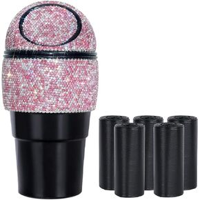 eing Car Trash Can Bling Crystal Auto Mini Trash Bin for Car Office Home Women,Car Cup Holder Garbage Can with Lid and 5 Pack Disposable Garbage Gag, Silver