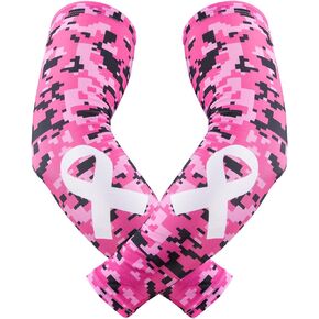 Pink Breast Cancer Arm Sleeves, Sports Compression Pink Arm Sleeve for Football Baseball Basketball Sports, 1 Pair