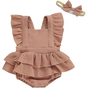 Infant Girl Romper Baby Girl Cotton Linen Romper Fly Sleeve Bodysuit Newborn Girl Summer Clothes with Headband