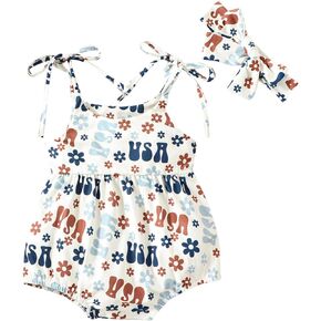 Infant Baby Girl Sleeveless Romper Cute Print Jumpsuit with Headband 4th of July Summer Clothes Outfits