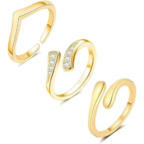 3Pcs 18K Gold Toe Rings for Women, Adjustable Open Toe Ring Cubic Zirconia Simple Wrap Around Toe Ring Thin Band Hug Rings Hawaiian Summer Beach Foot Jewelry Set