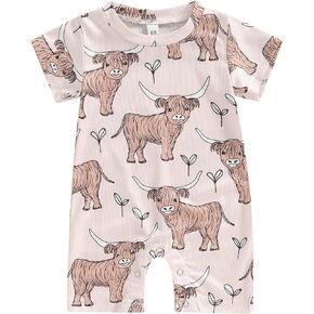 Lesimsam Newborn Baby Boy Girl Western Clothes Cow Print Romper Jumpsuit Short Sleeve One Piece Bodysuit Cute Summer Outfit