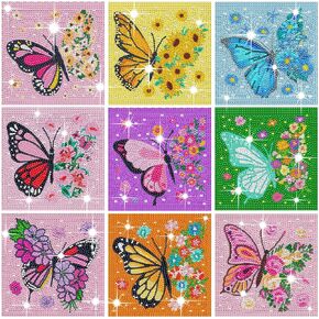 Yousoontic 9 Pcs Butterfly Diamond Art Painting Kit for Adults Diamond Art Kits for Beginners, DIY Diamond Rhinestone Full Drill Gem Arts Crafts for Home Wall Decor 6 x 6 Inch