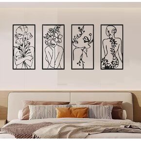 QSHU HUNG 4 Packs Metal Minimalist Abstract Woman Wall Art Single Line Female Bathroom Wall Decor Home Hanging Wall Art Decor for Kitchen Bathroom Living Room