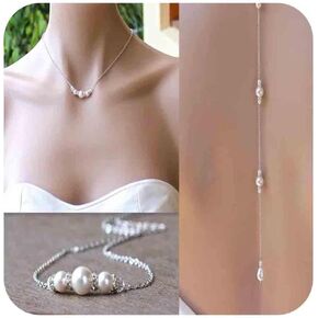 Vintage Crystal Pearl Back Necklace Silver Crystal Back Drop Necklace Long Pearl Back Chain Necklace Cz Wedding Backdrop Necklace Chain Jewelry for Women and Girls
