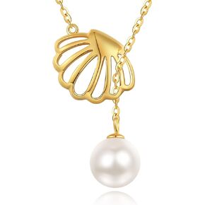 Seashell Pearl Necklace Gold Plated 925 Sterling Silver Pearl Y Necklace Seashell Pendant Pearl Jewelry Gifts for Women Girls