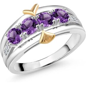 Gem Stone King 925 Silver and 10K Yellow Gold Round Purple Amethyst and Lab Grown Diamond 4-Stone Band Ring For Women (1.05 Cttw, Gemstone Birthstone, Available In Size 5, 6, 7, 8, 9)