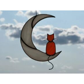 Ginger Cat On The Moon stained glass window hanging Suncatcher. Gift for animal lover, pet loss memorial, orange