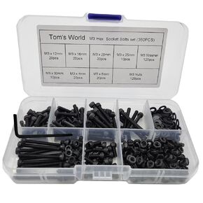 360Pcs M3*4mm/8mm/12mm/16mm/20mm/25mm/30mm Hex Socket Head Cap Bolts Nuts Washers Assortment Set,12.9 Grade Alloy Steel Metric Screws for 3D Printing Projcets,Computer Screws Replacements