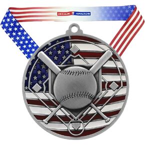 Decade Awards Baseball Patriotic Medal - 2.75 Inch Wide | Baseball Medallion with Stars and Stripes American Flag V Neck Ribbon