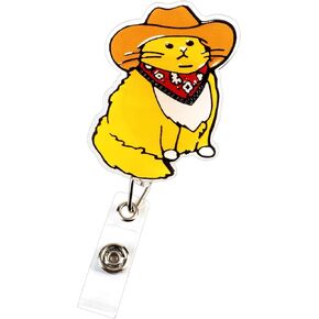 Funny Animal Cowboy Cat Badge Reel Retractable Holder Clip, Funny ID Name Card Tag Reel for Nurse Nursing Medical Assisatant Office Hospital