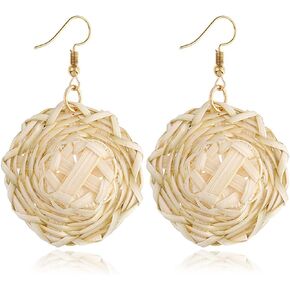 Rattan Earrings for women Summer Rattan Hoop Wicker Straw Earrings Handmade Beach Jewelry Woven Round Drop Dangle Earrings for Girls (Style A)