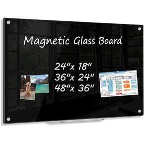 Black Dry Erase Board, 48'' x 36'' Magnetic Large Black Glass Board Frameless Wall Mounted Black Glass Whiteboard for Office, School & Home with 1 Acrylic Marker Tray & 3 Strong Magnet