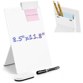 NUSIGN Glass Desktop Whiteboard with Reversable Stand, 8.5‘’x11.8'' Tabletop Small Portable Dry Erase White Board Easel with Storage Design for Home Office and School Supplies