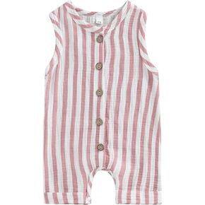 Infant Baby Boys Girls Cotton Linen Jumpsuits Sleeveless Button Down Striped Short Overalls Romper Summer Fall Outfits