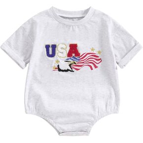 4th of July Baby Boy Girl Outfit USA Letter Printed Short Sleeve Bubble Romper Infant Summer Clothes in Kuwait