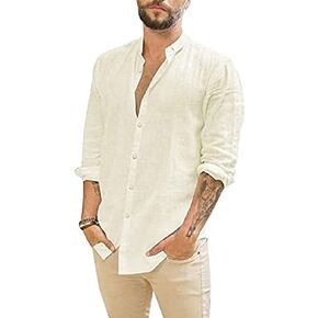 JEKAOYI Mens Casual Long Sleeve Cotton Linen Shirts Buttons Up Solid Plain Roll-Up Sleeve Beach T Shirts