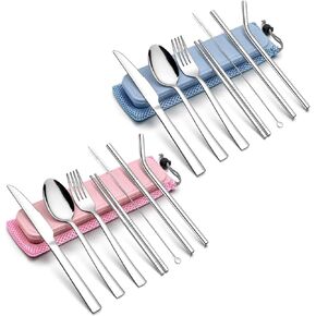LIANYU 2 Pack Travel Utensils, Portable Camping Picnic Silverware Flatware Set, Reusable Stainless Steel Camp Cutlery Set for Lunch Office, Dishwasher Safe, Green and Blue Case Bag