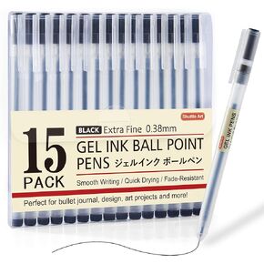 Shuttle Art Gel Ink Ball Point Pens, 15 Pack Black Japanese Style Pens, 0.38mm Extra-Fine Ballpoint Pens for Home, School and Office