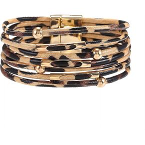 سوار جلدي متعدد الطبقات من Tatibana، سوار بوهو ليوبارد متعدد الطبقات من الجلد، أساور ذهبية مطرزة بالخرز وقابلة للتكديس مجوهرات in Kuwait