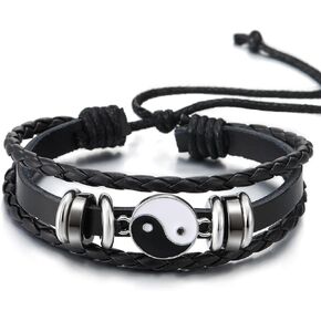 COOLSTEELANDBEYOND Yin-Yang Charm Bracelet, Black Leather Three-strand, Mens Womens Wrap Wristband