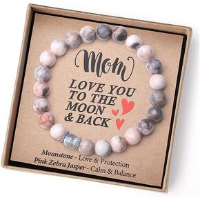 Mom Bracelet Mothers Day Gifts, Handmade Chakra Pink Zebra Stone Moonstone Beaded Bracelet for Women Mother Birthday Holiday Jewelry Gifts