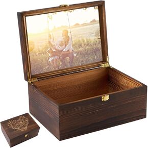 Larger Wooden Memory Keepsake Boxes With Hinged Lids and a photo frame inside the lid - Decorative Storage Box With a Hinge Lids For Picture Letter Time Capsule - 5.3“*8.6"*11.7“ carbonized