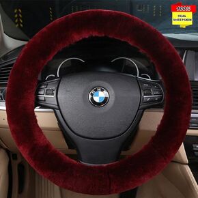 Wool Car Steering Wheel Cover 100% Australia Sheepskin Fur Steering Wheel Protector, Fluffy Warm Durable and High Elasticity Suit for Steering Wheel Size 14.5-16 inches (Black)