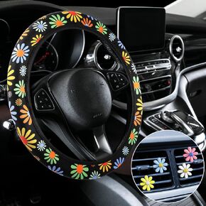 Frienda 5 Pcs Hippie Car Accessories Set Hippie Flower Steering Wheel Cover with Daisy Air Vent Clips Universal Boho Floral Car Accessories for Women Men Girls