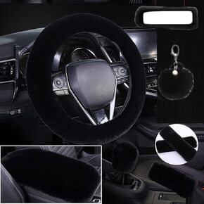 Cute Fluffy Steering Wheel Cover Set, Warm Soft Fur Fuzzy Steering Wheel Covers for Women/Girls,Universal 15 Inch 1 Set 8 Pcs Furry Car Accessories (Black)