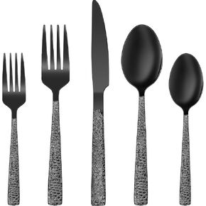 Black Hammered Silverware Set, 20-Piece Stainless Steel Square Flatware Set for 4, Food-Grade Tableware Cutlery/Utensil Sets for Home Restaurant, Mirror Finish, Dishwasher Safe