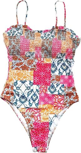WDIRARA Women's One Piece Smocked Floral Beachwear Frill Trim Vacation Bikini Swimsuit in Saudi Arabia