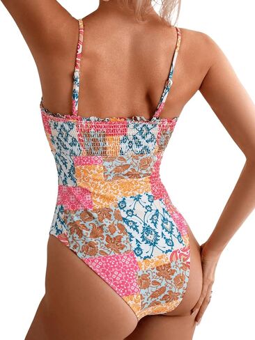 WDIRARA Women's One Piece Smocked Floral Beachwear Frill Trim Vacation Bikini Swimsuit in Saudi Arabia
