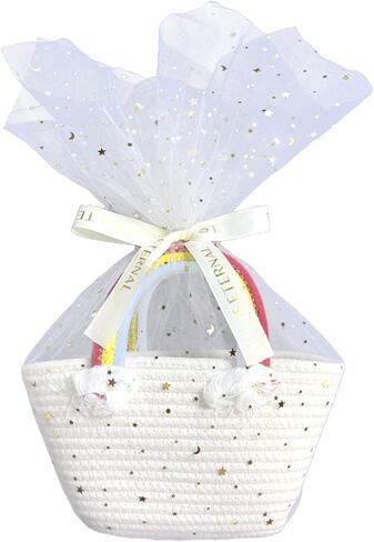 Small Woven Basket with Gift Tulle Netting and Ribbon,Empty Decorative Gift Chest Box, Baby Gift Basket for Nursery, Small Rainbow Handbag for Girls,Cotton Rope Room Shelf Storage Basket in Kuwait